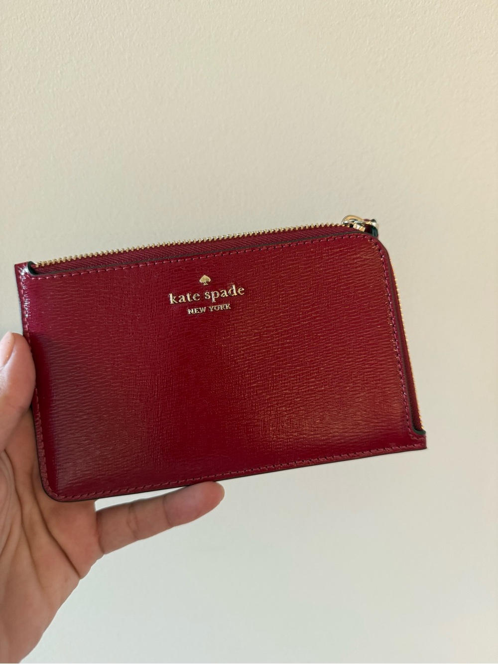 kate spade Red Leather Zip Card Wallet with Gold Logo